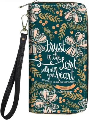 Women's Large Capacity Wallet PU Leather Zip Around Clutch Purse Multifunctional Wallet with Removable Wristlet Strap for Smart Phone/Coin/Card/Cash, Bible Verse Quotes Proverbs 3:5
