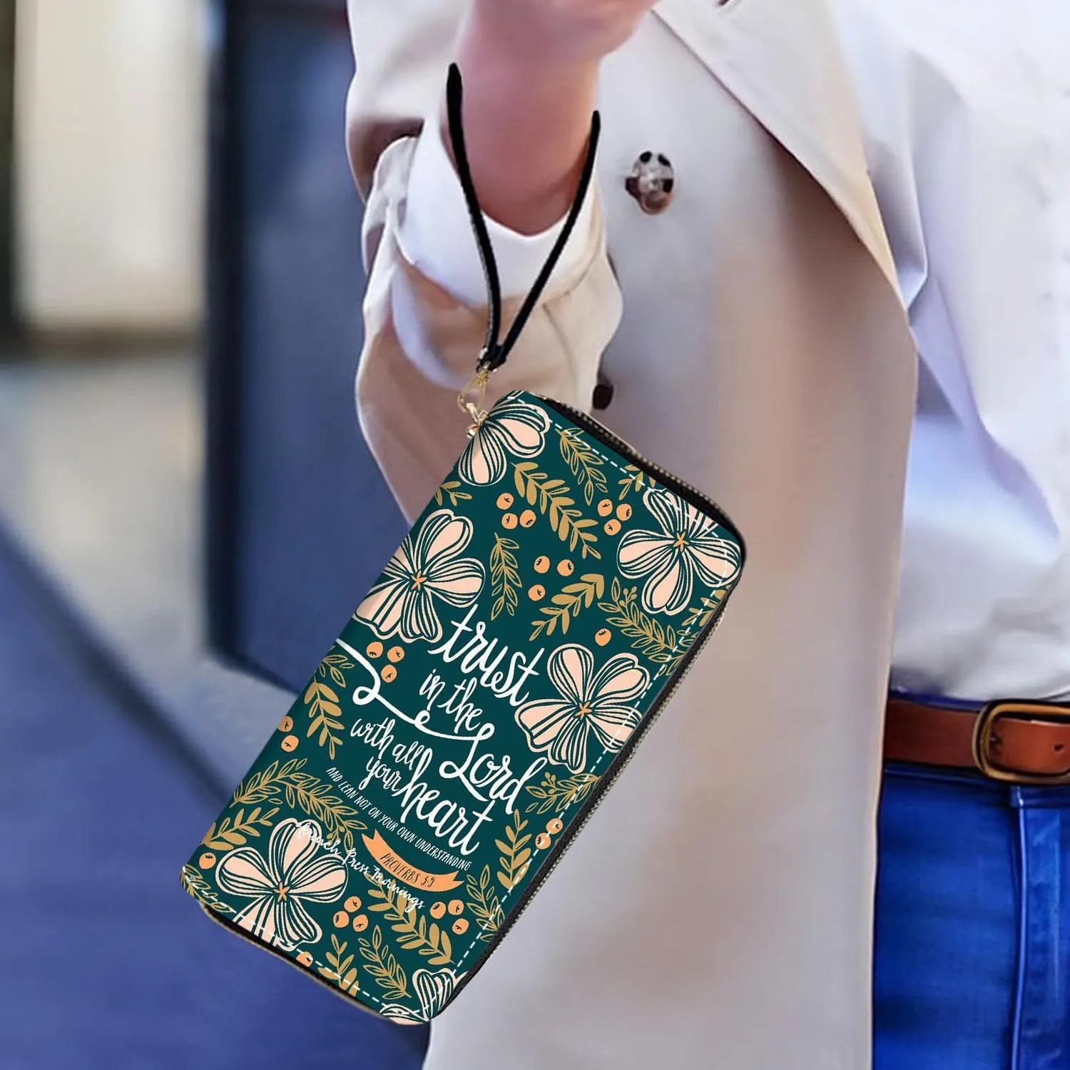 Women's Large Capacity Wallet PU Leather Zip Around Clutch Purse Multifunctional Wallet with Removable Wristlet Strap for Smart Phone/Coin/Card/Cash, Bible Verse Quotes Proverbs 3:5