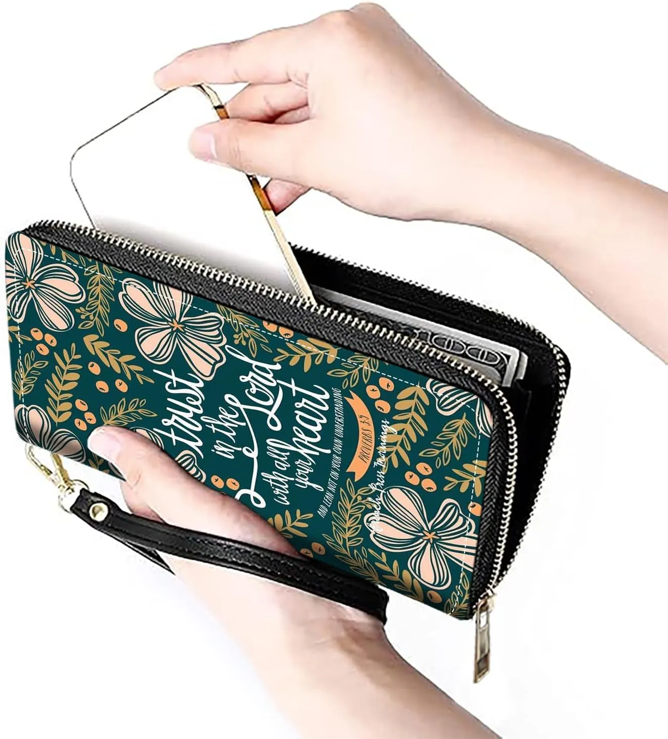 Women's Large Capacity Wallet PU Leather Zip Around Clutch Purse Multifunctional Wallet with Removable Wristlet Strap for Smart Phone/Coin/Card/Cash, Bible Verse Quotes Proverbs 3:5