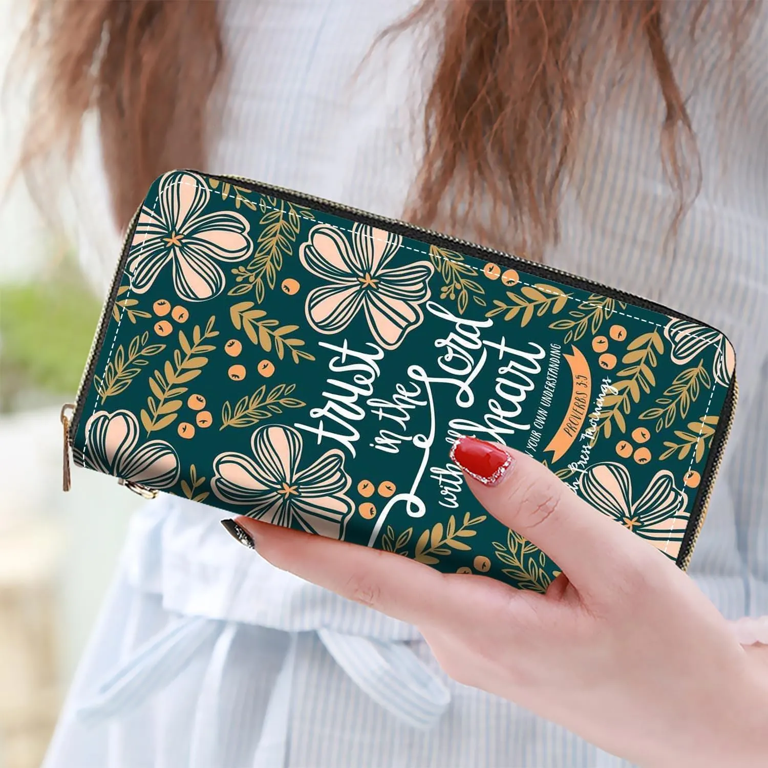 Women's Large Capacity Wallet PU Leather Zip Around Clutch Purse Multifunctional Wallet with Removable Wristlet Strap for Smart Phone/Coin/Card/Cash, Bible Verse Quotes Proverbs 3:5