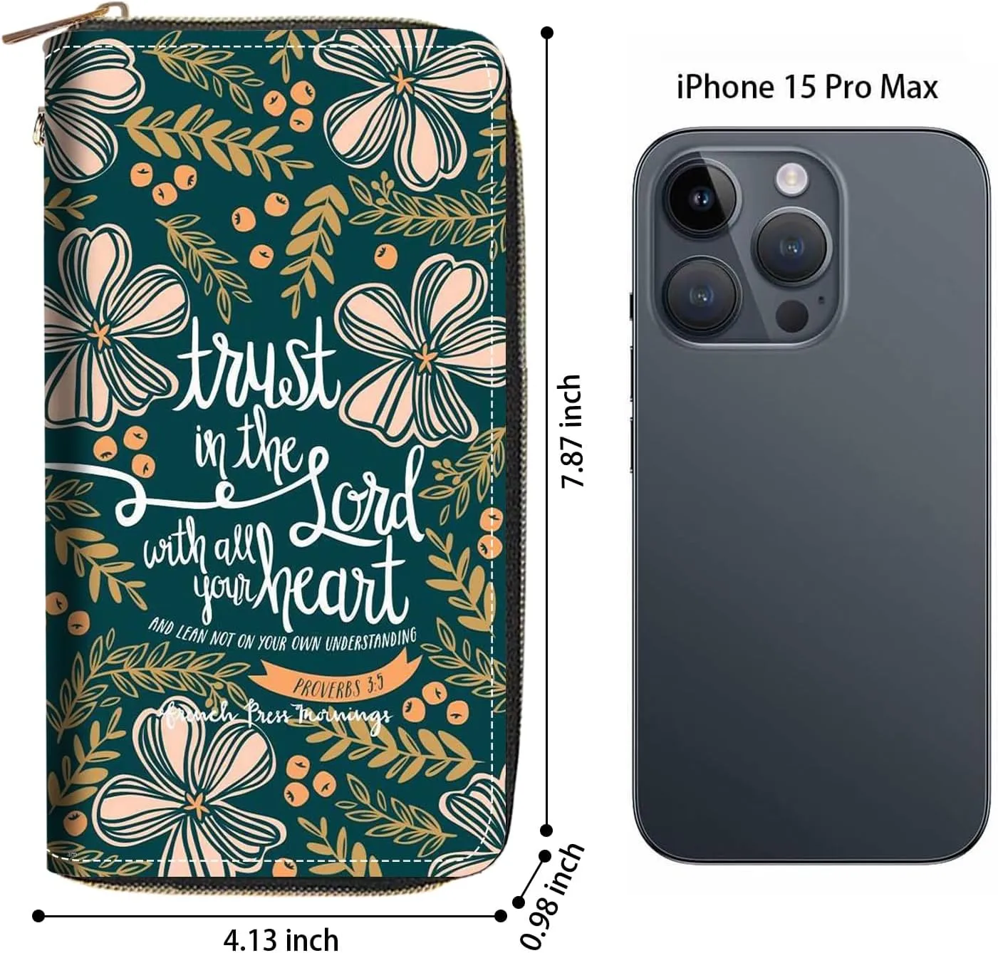 Women's Large Capacity Wallet PU Leather Zip Around Clutch Purse Multifunctional Wallet with Removable Wristlet Strap for Smart Phone/Coin/Card/Cash, Bible Verse Quotes Proverbs 3:5