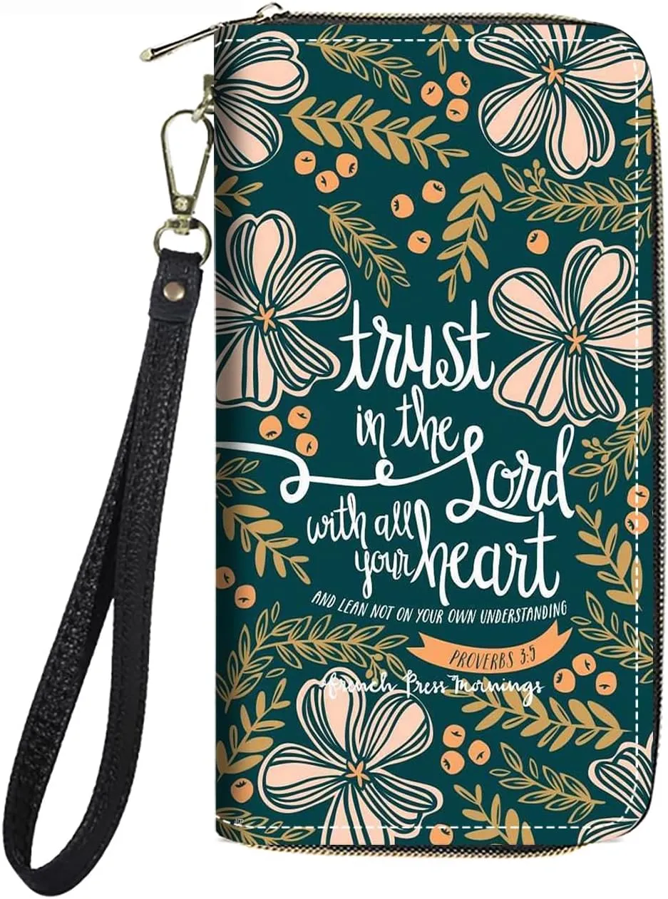 Women's Large Capacity Wallet PU Leather Zip Around Clutch Purse Multifunctional Wallet with Removable Wristlet Strap for Smart Phone/Coin/Card/Cash, Bible Verse Quotes Proverbs 3:5