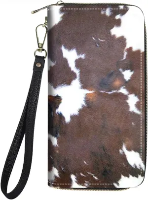 Women's Large Capacity Wallet PU Leather Zip Around Clutch Purse Multifunctional Wallet with Removable Wristlet Strap for Smart Phone/Coin/Card/Cash, Brown Cow Print