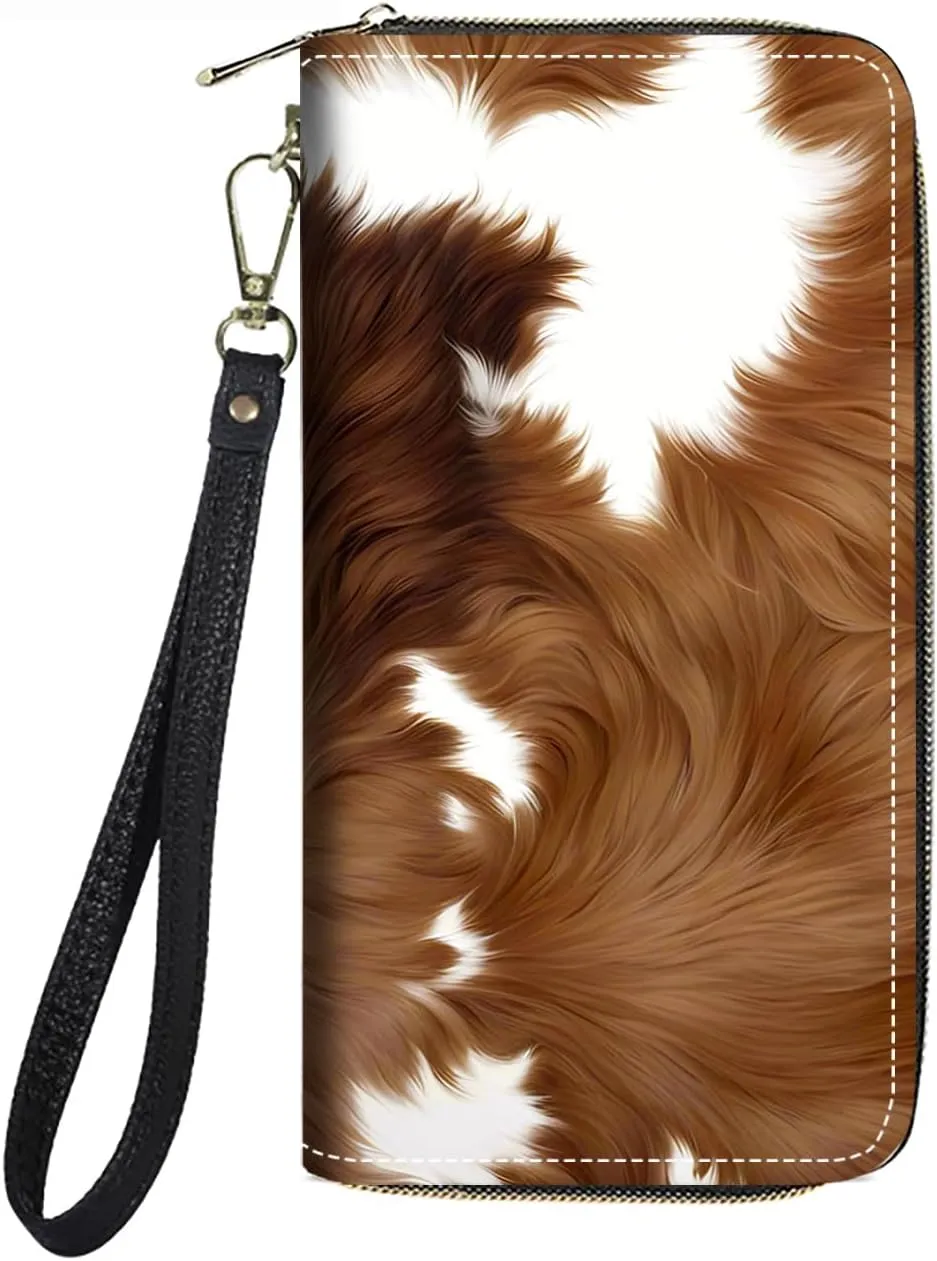 Women's Large Capacity Wallet PU Leather Zip Around Clutch Purse Multifunctional Wallet with Removable Wristlet Strap for Smart Phone/Coin/Card/Cash - Brown Cow Print