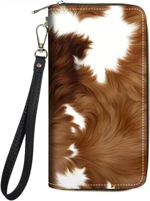 Women's Large Capacity Wallet PU Leather Zip Around Clutch Purse Multifunctional Wallet with Removable Wristlet Strap for Smart Phone/Coin/Card/Cash - Brown Cow Print