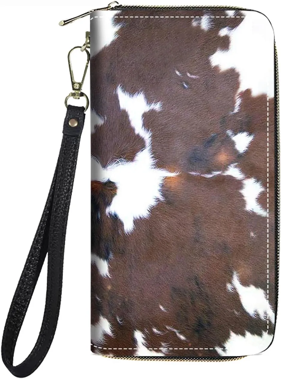 Women's Large Capacity Wallet PU Leather Zip Around Clutch Purse Multifunctional Wallet with Removable Wristlet Strap for Smart Phone/Coin/Card/Cash, Brown Cow Print