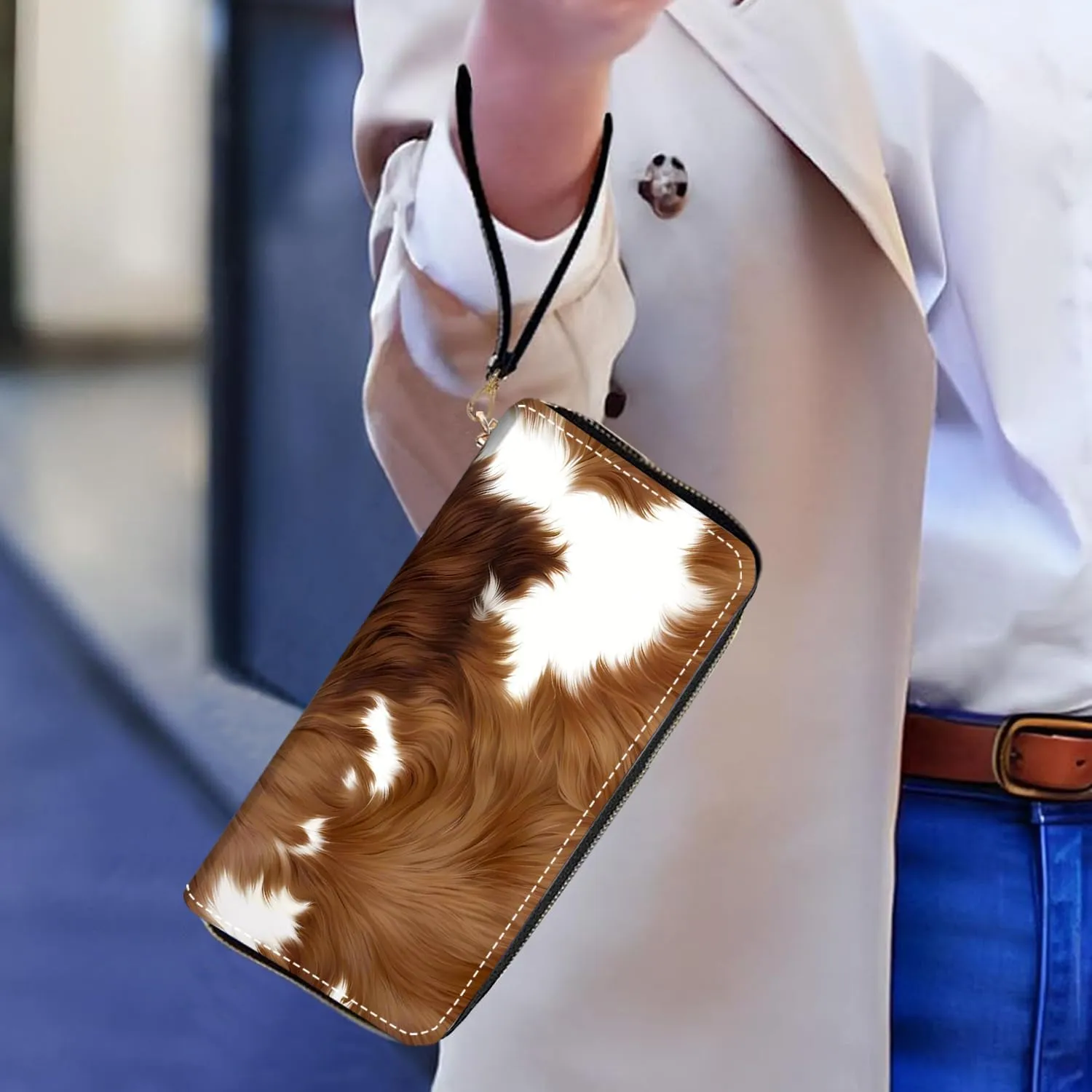 Women's Large Capacity Wallet PU Leather Zip Around Clutch Purse Multifunctional Wallet with Removable Wristlet Strap for Smart Phone/Coin/Card/Cash - Brown Cow Print