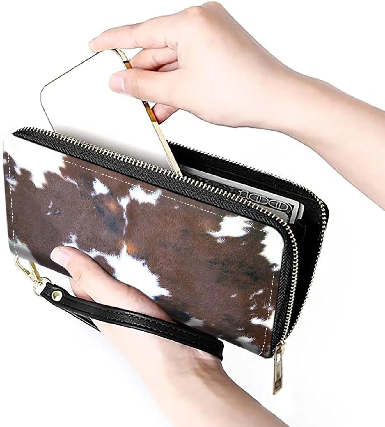 Women's Large Capacity Wallet PU Leather Zip Around Clutch Purse Multifunctional Wallet with Removable Wristlet Strap for Smart Phone/Coin/Card/Cash, Brown Cow Print