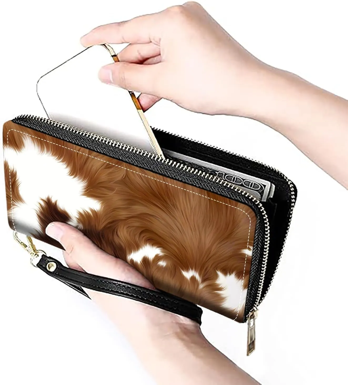 Women's Large Capacity Wallet PU Leather Zip Around Clutch Purse Multifunctional Wallet with Removable Wristlet Strap for Smart Phone/Coin/Card/Cash - Brown Cow Print