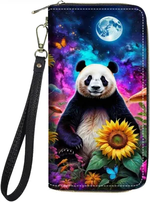Women's Large Capacity Wallet PU Leather Zip Around Clutch Purse Multifunctional Wallet with Removable Wristlet Strap for Smart Phone/Coin/Card/Cash, Cute Panda and Sunflower