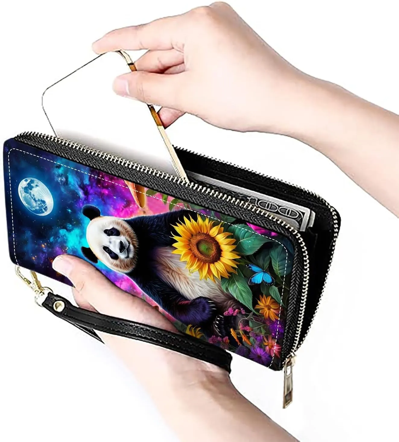 Women's Large Capacity Wallet PU Leather Zip Around Clutch Purse Multifunctional Wallet with Removable Wristlet Strap for Smart Phone/Coin/Card/Cash, Cute Panda and Sunflower