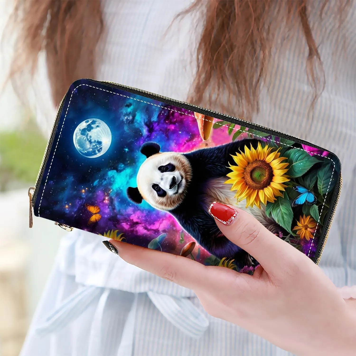 Women's Large Capacity Wallet PU Leather Zip Around Clutch Purse Multifunctional Wallet with Removable Wristlet Strap for Smart Phone/Coin/Card/Cash, Cute Panda and Sunflower