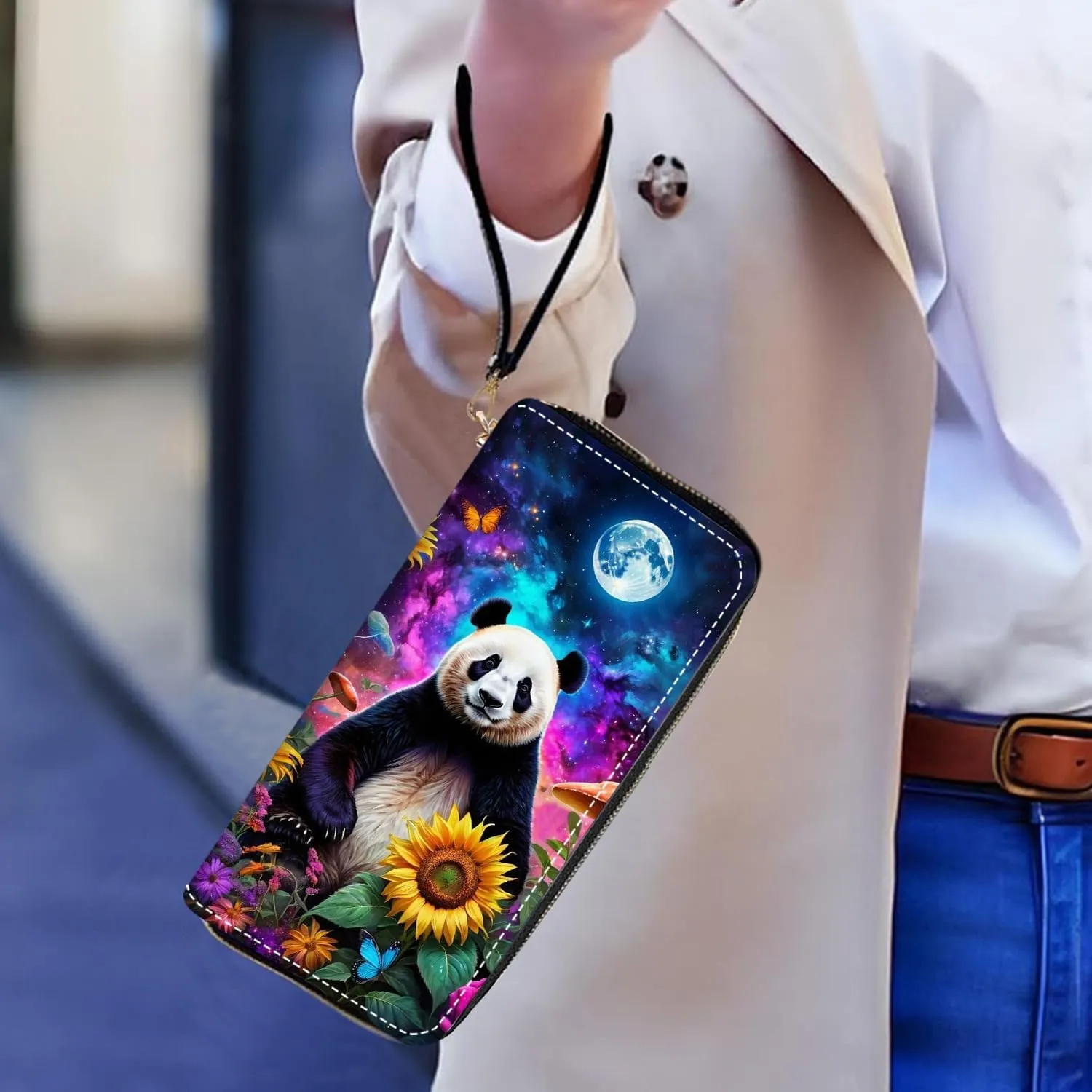 Women's Large Capacity Wallet PU Leather Zip Around Clutch Purse Multifunctional Wallet with Removable Wristlet Strap for Smart Phone/Coin/Card/Cash, Cute Panda and Sunflower