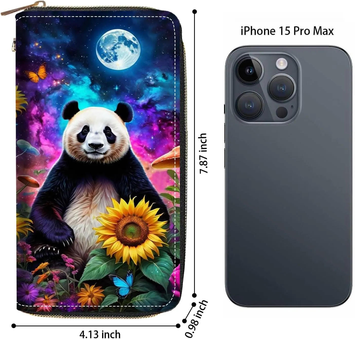 Women's Large Capacity Wallet PU Leather Zip Around Clutch Purse Multifunctional Wallet with Removable Wristlet Strap for Smart Phone/Coin/Card/Cash, Cute Panda and Sunflower