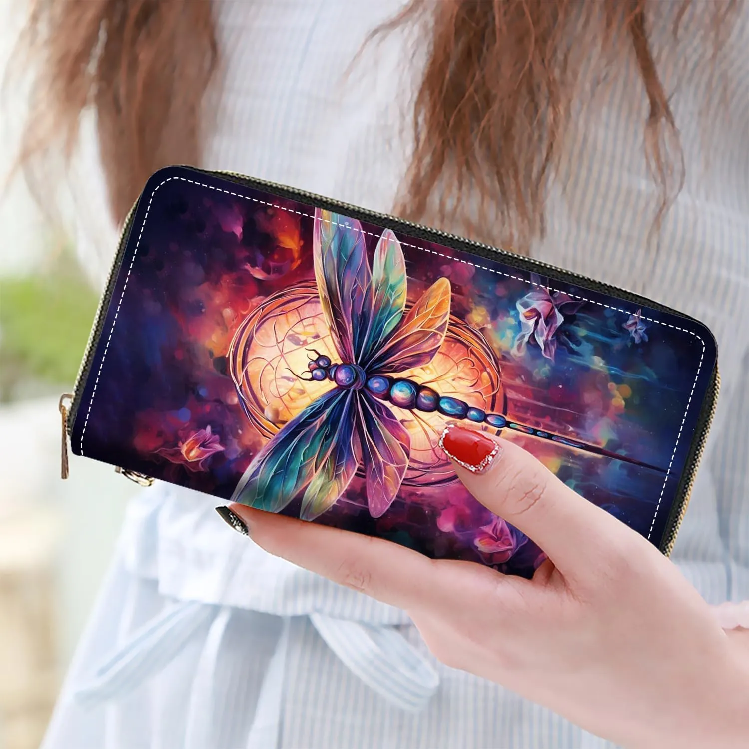 Women's Large Capacity Wallet PU Leather Zip Around Clutch Purse Multifunctional Wallet with Removable Wristlet Strap for Smart Phone/Coin/Card/Cash, Dragonfly