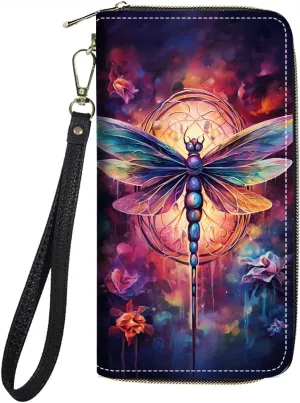 Women's Large Capacity Wallet PU Leather Zip Around Clutch Purse Multifunctional Wallet with Removable Wristlet Strap for Smart Phone/Coin/Card/Cash, Dragonfly
