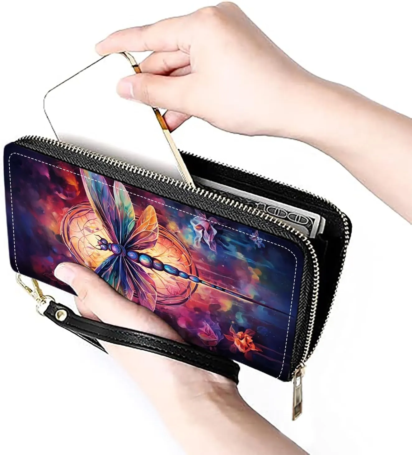 Women's Large Capacity Wallet PU Leather Zip Around Clutch Purse Multifunctional Wallet with Removable Wristlet Strap for Smart Phone/Coin/Card/Cash, Dragonfly