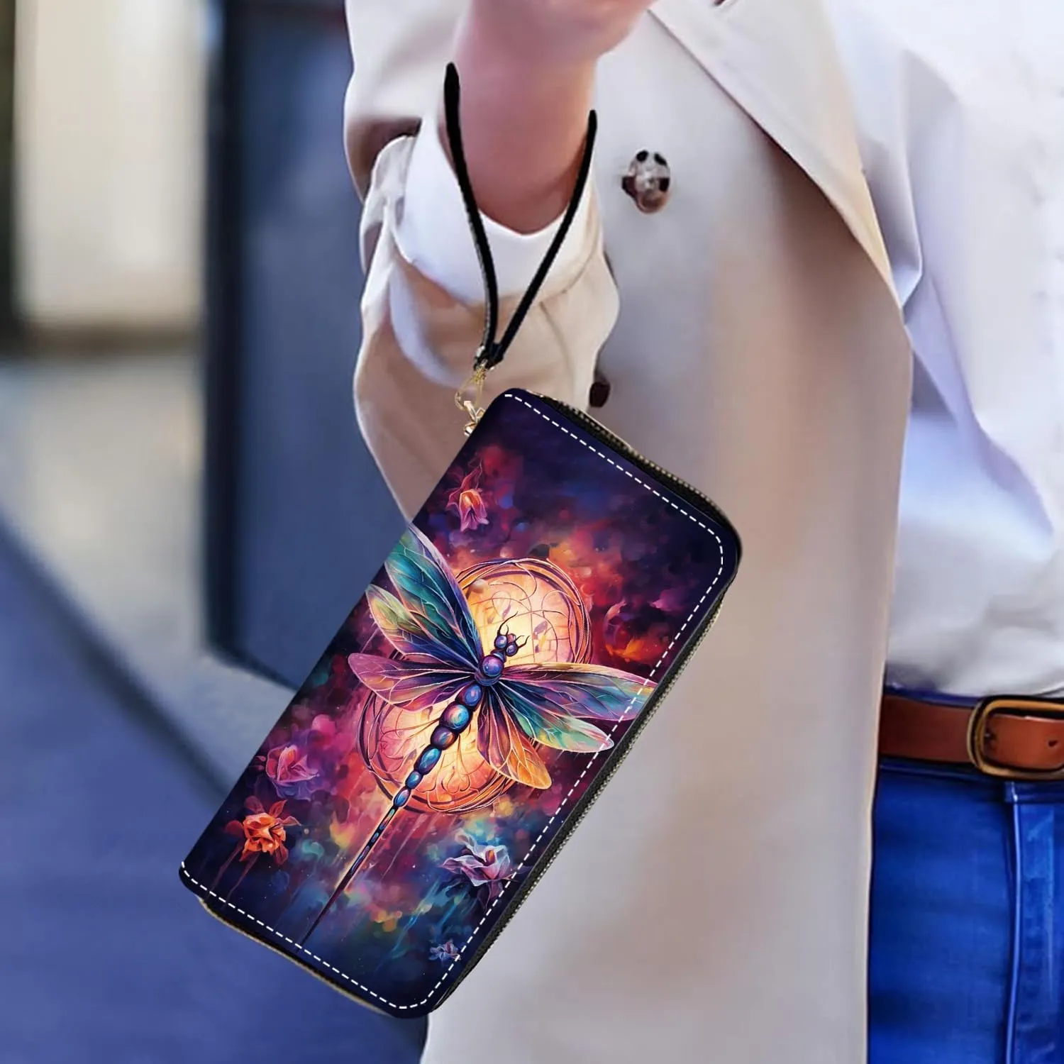 Women's Large Capacity Wallet PU Leather Zip Around Clutch Purse Multifunctional Wallet with Removable Wristlet Strap for Smart Phone/Coin/Card/Cash, Dragonfly
