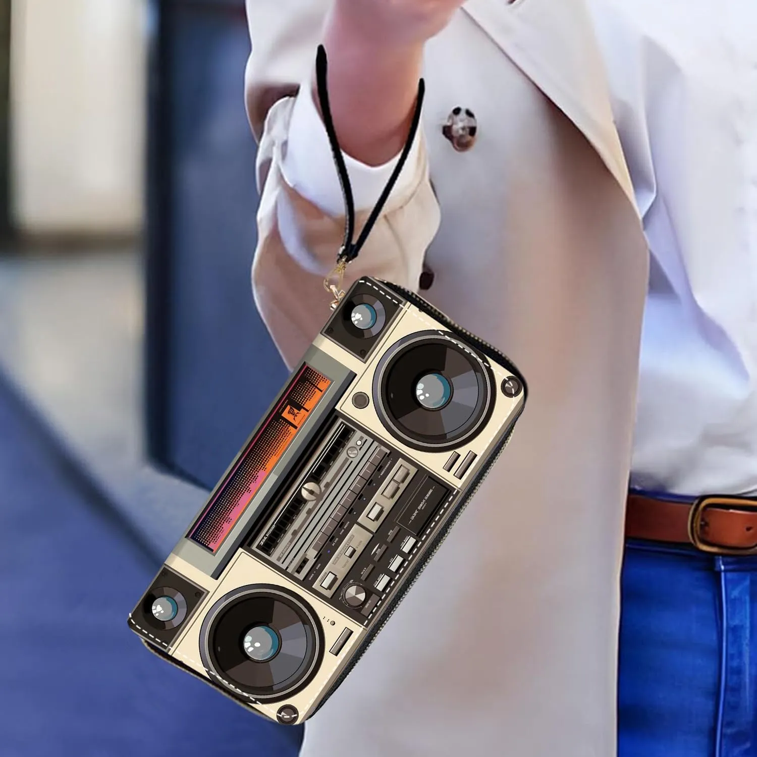 Women's Large Capacity Wallet PU Leather Zip Around Clutch Purse Multifunctional Wallet with Removable Wristlet Strap for Smart Phone/Coin/Card/Cash - Retro Radio