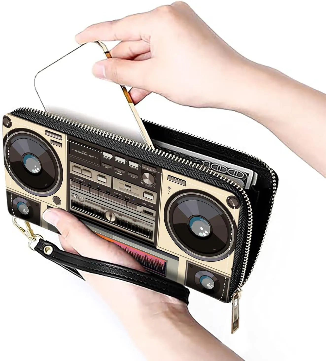 Women's Large Capacity Wallet PU Leather Zip Around Clutch Purse Multifunctional Wallet with Removable Wristlet Strap for Smart Phone/Coin/Card/Cash - Retro Radio