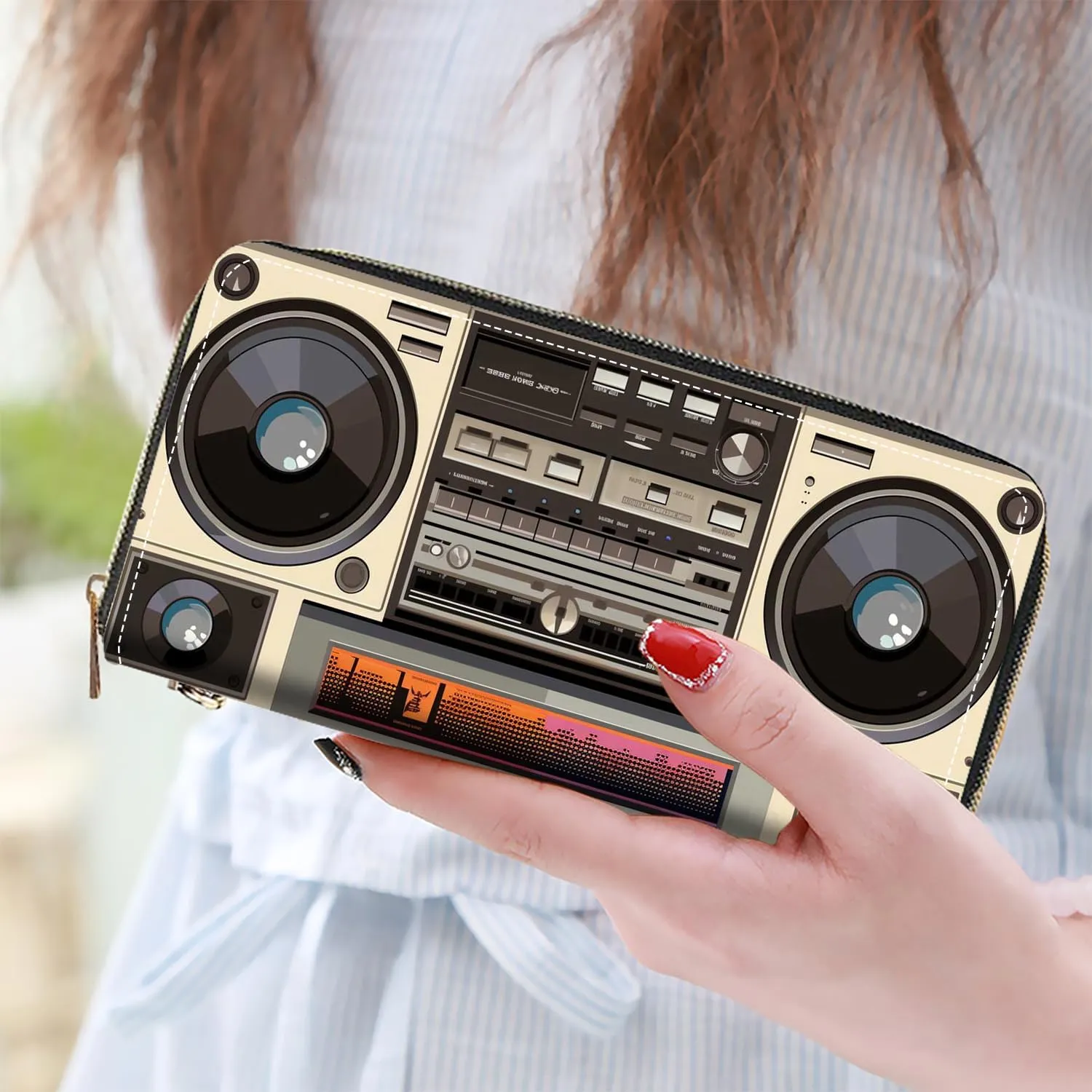 Women's Large Capacity Wallet PU Leather Zip Around Clutch Purse Multifunctional Wallet with Removable Wristlet Strap for Smart Phone/Coin/Card/Cash - Retro Radio