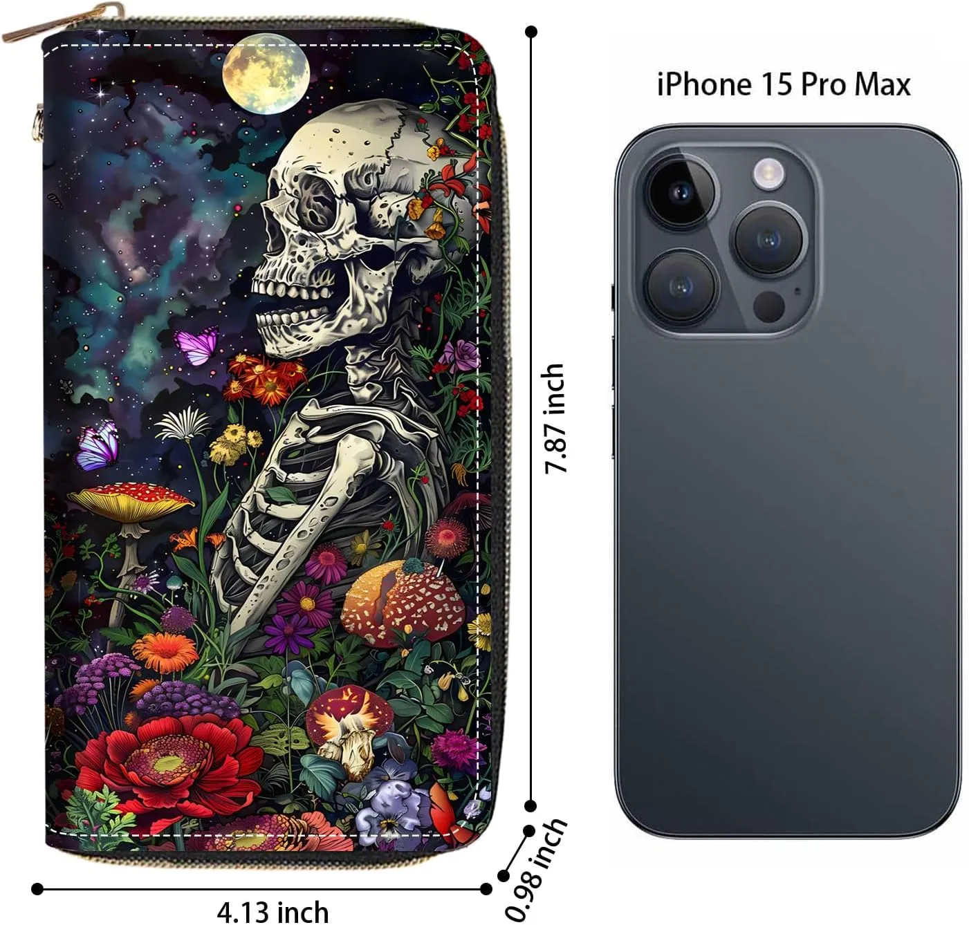 Women's Large Capacity Wallet PU Leather Zip Around Clutch Purse Multifunctional Wallet with Removable Wristlet Strap for Smart Phone/Coin/Card/Cash, Skull Flowers Under Moon