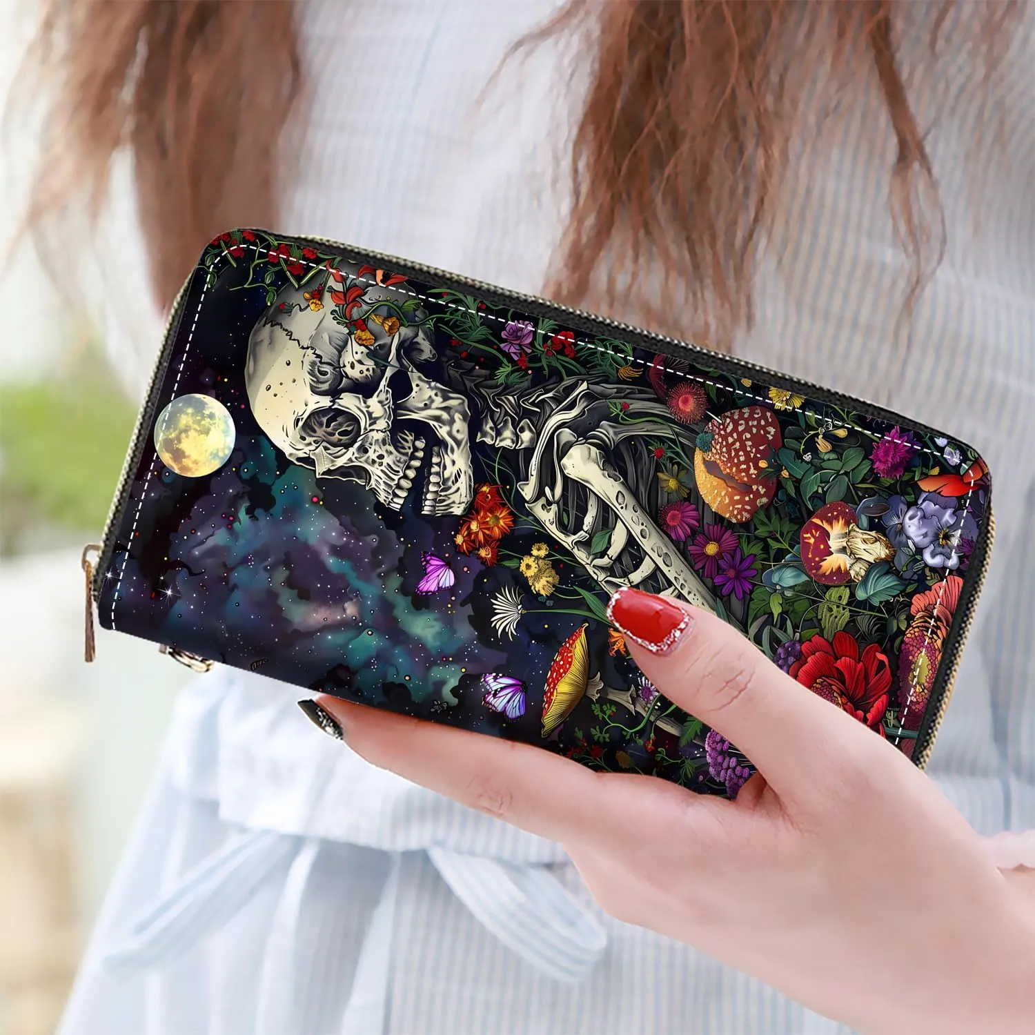 Women's Large Capacity Wallet PU Leather Zip Around Clutch Purse Multifunctional Wallet with Removable Wristlet Strap for Smart Phone/Coin/Card/Cash, Skull Flowers Under Moon