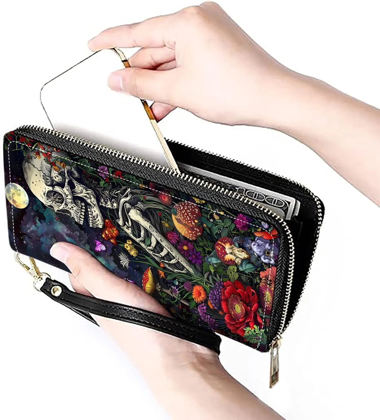 Women's Large Capacity Wallet PU Leather Zip Around Clutch Purse Multifunctional Wallet with Removable Wristlet Strap for Smart Phone/Coin/Card/Cash, Skull Flowers Under Moon