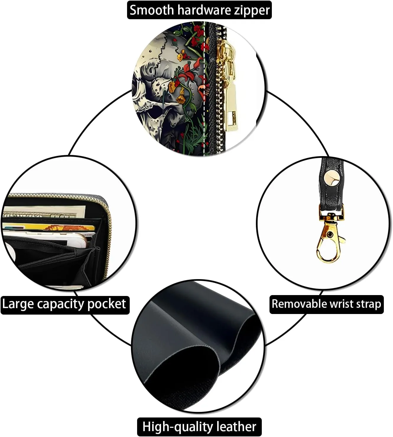 Women's Large Capacity Wallet PU Leather Zip Around Clutch Purse Multifunctional Wallet with Removable Wristlet Strap for Smart Phone/Coin/Card/Cash, Skull Flowers Under Moon