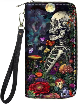 Women's Large Capacity Wallet PU Leather Zip Around Clutch Purse Multifunctional Wallet with Removable Wristlet Strap for Smart Phone/Coin/Card/Cash, Skull Flowers Under Moon