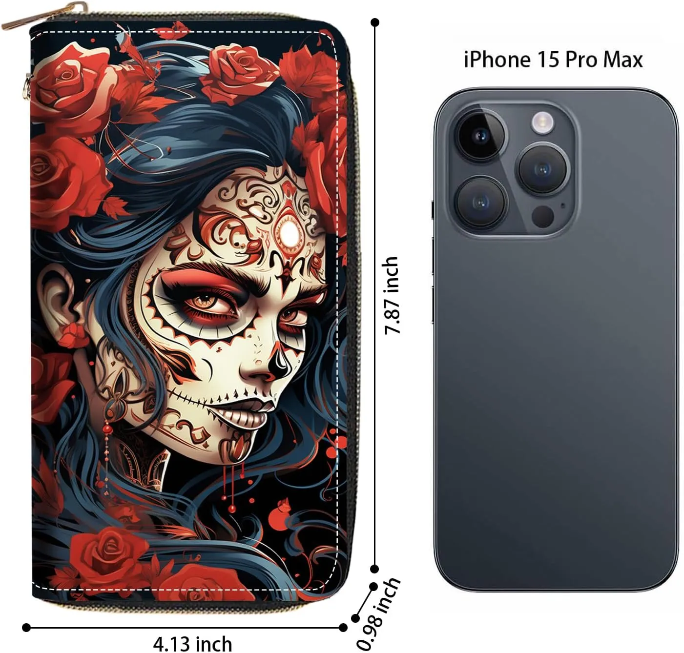 Women's Large Capacity Wallet PU Leather Zip Around Clutch Purse Multifunctional Wallet with Removable Wristlet Strap for Smart Phone/Coin/Card/Cash, Sugar Skull Girl Roses