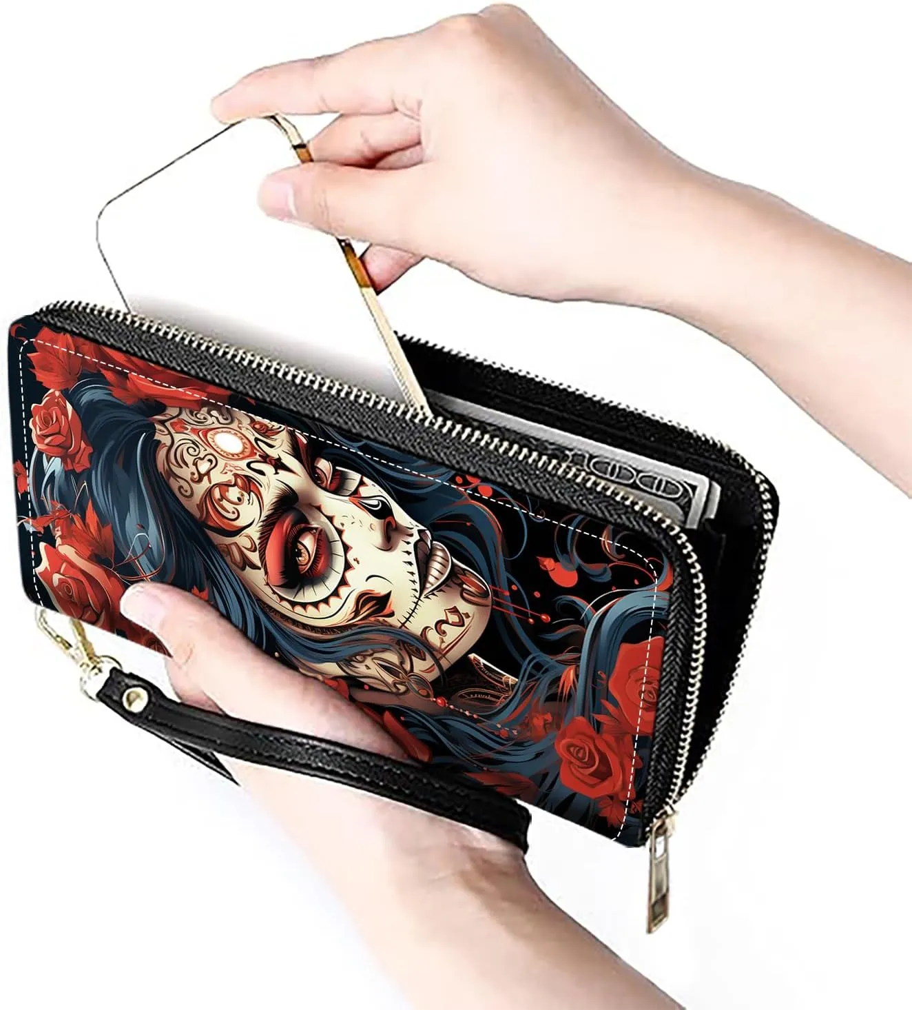 Women's Large Capacity Wallet PU Leather Zip Around Clutch Purse Multifunctional Wallet with Removable Wristlet Strap for Smart Phone/Coin/Card/Cash, Sugar Skull Girl Roses