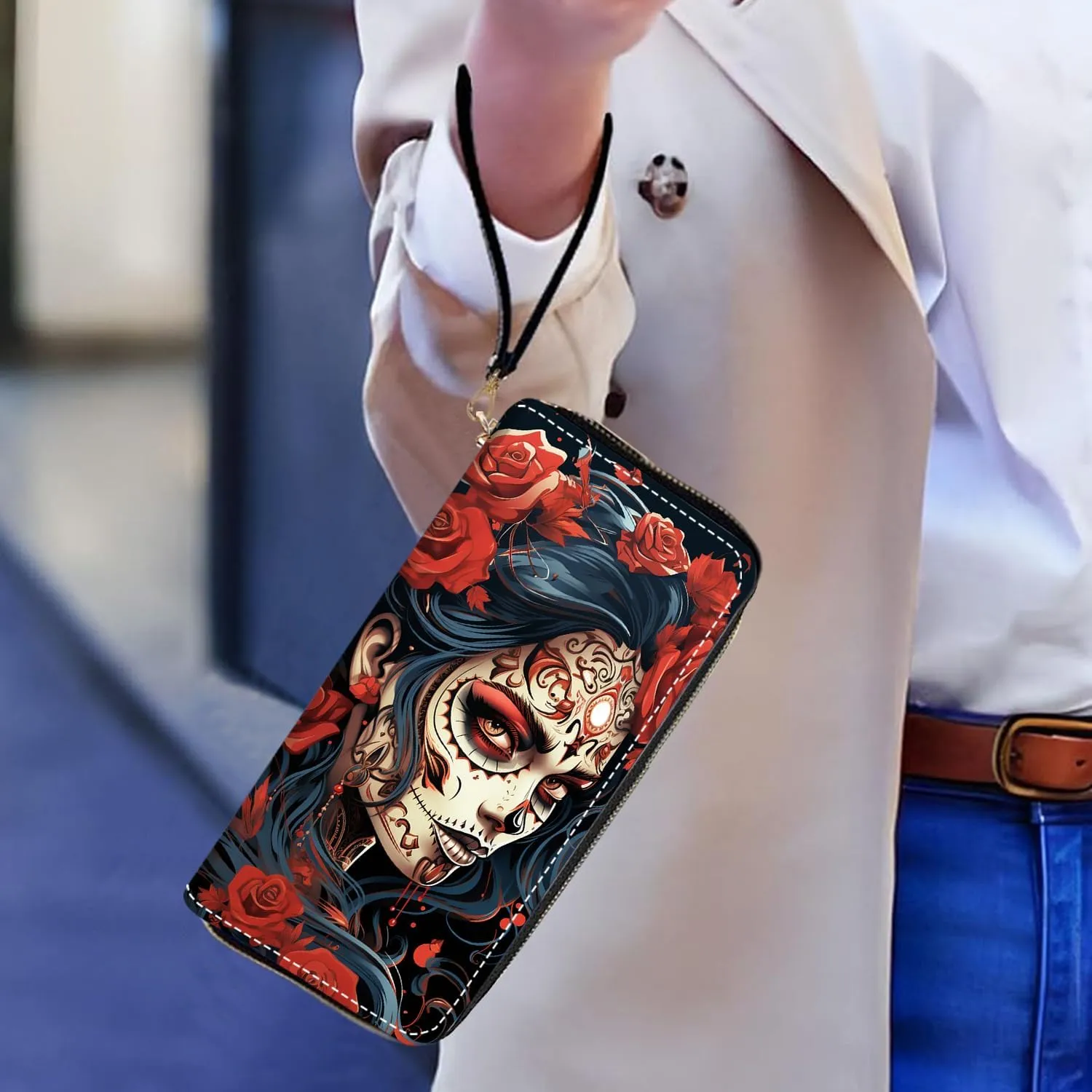 Women's Large Capacity Wallet PU Leather Zip Around Clutch Purse Multifunctional Wallet with Removable Wristlet Strap for Smart Phone/Coin/Card/Cash, Sugar Skull Girl Roses