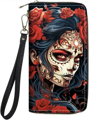 Women's Large Capacity Wallet PU Leather Zip Around Clutch Purse Multifunctional Wallet with Removable Wristlet Strap for Smart Phone/Coin/Card/Cash, Sugar Skull Girl Roses