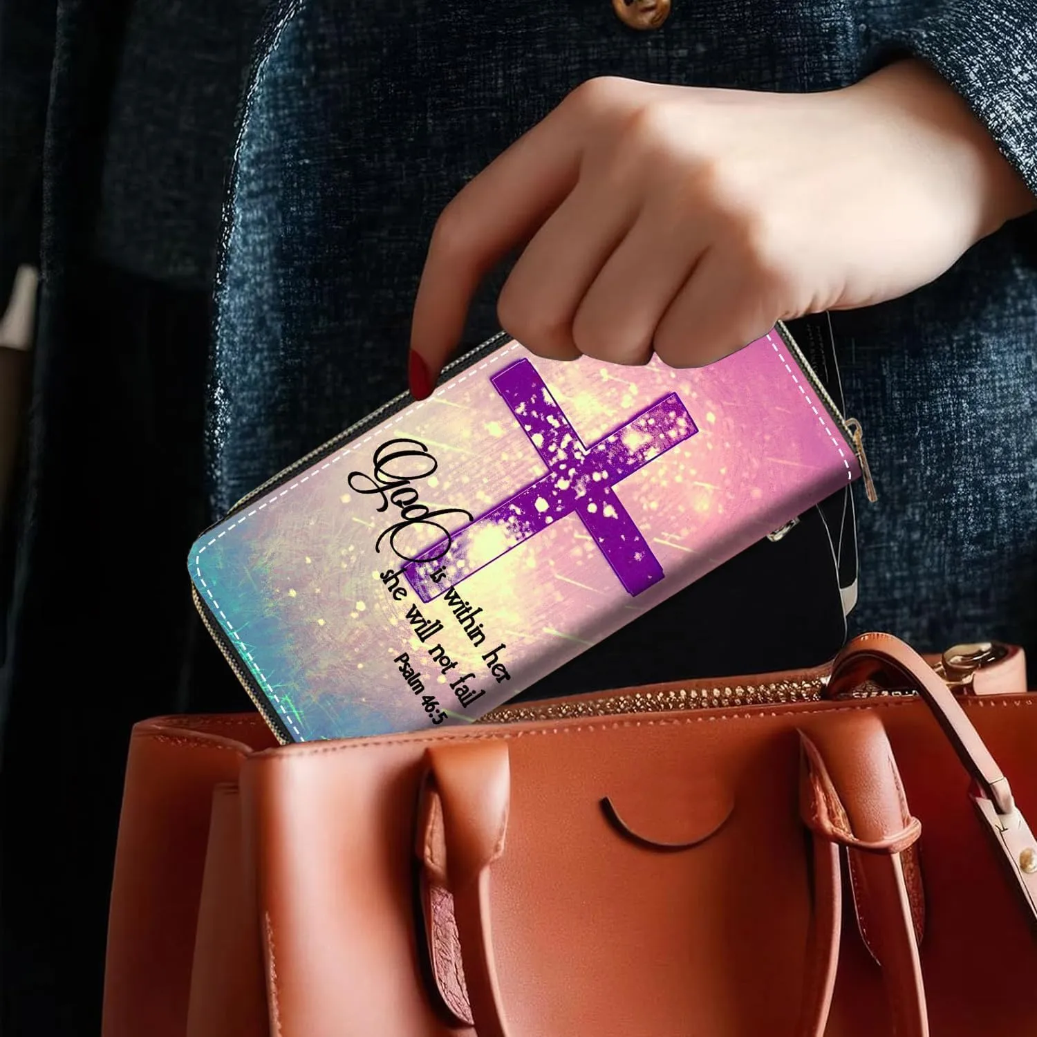 Women's Large Capacity Wallet,Portable PU Leather Zipper Wallet for Smart Phone/Card/Coin/Cash,Multifunctional Clutch Wallet with Removable Wristlet Strap,Christian Cross Quote Bible Verse Psalm 46:5