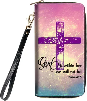 Women's Large Capacity Wallet,Portable PU Leather Zipper Wallet for Smart Phone/Card/Coin/Cash,Multifunctional Clutch Wallet with Removable Wristlet Strap,Christian Cross Quote Bible Verse Psalm 46:5