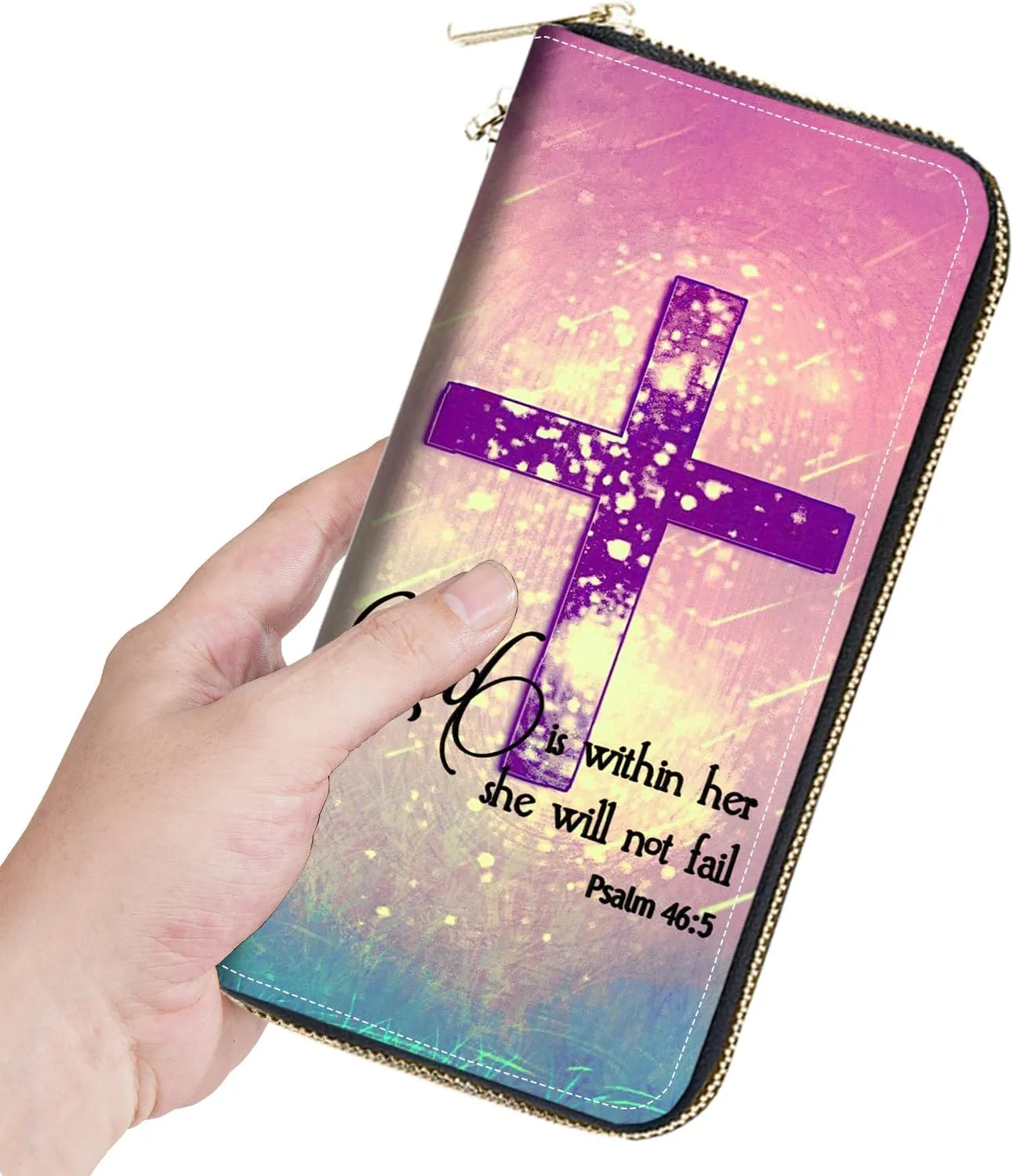 Women's Large Capacity Wallet,Portable PU Leather Zipper Wallet for Smart Phone/Card/Coin/Cash,Multifunctional Clutch Wallet with Removable Wristlet Strap,Christian Cross Quote Bible Verse Psalm 46:5