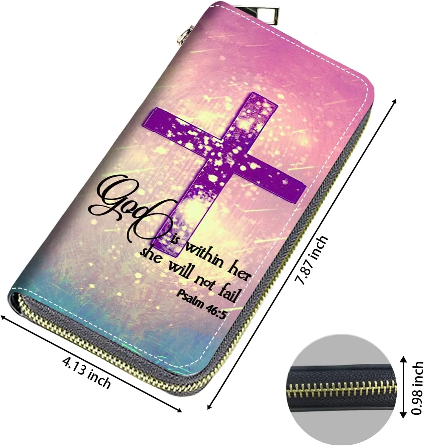 Women's Large Capacity Wallet,Portable PU Leather Zipper Wallet for Smart Phone/Card/Coin/Cash,Multifunctional Clutch Wallet with Removable Wristlet Strap,Christian Cross Quote Bible Verse Psalm 46:5