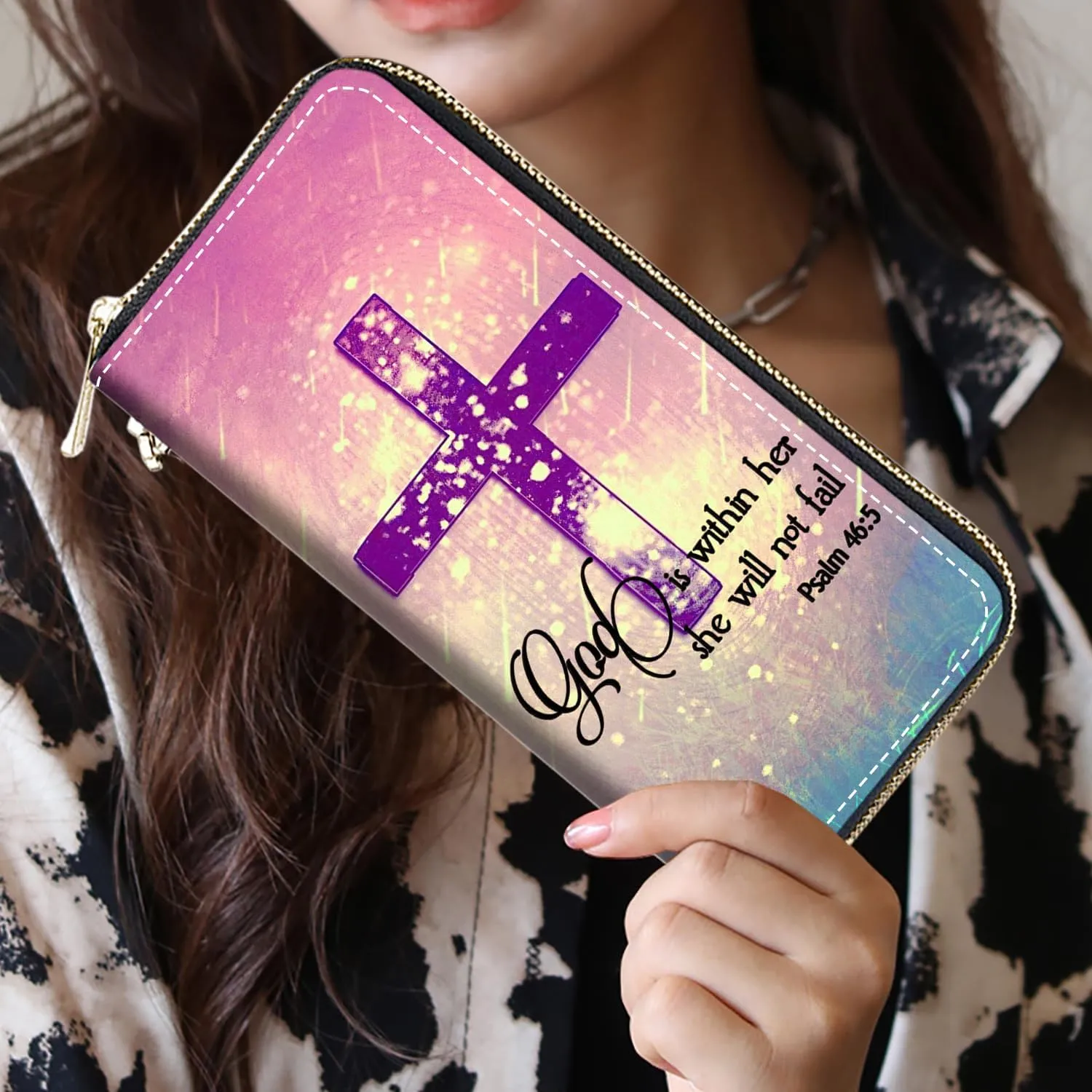 Women's Large Capacity Wallet,Portable PU Leather Zipper Wallet for Smart Phone/Card/Coin/Cash,Multifunctional Clutch Wallet with Removable Wristlet Strap,Christian Cross Quote Bible Verse Psalm 46:5