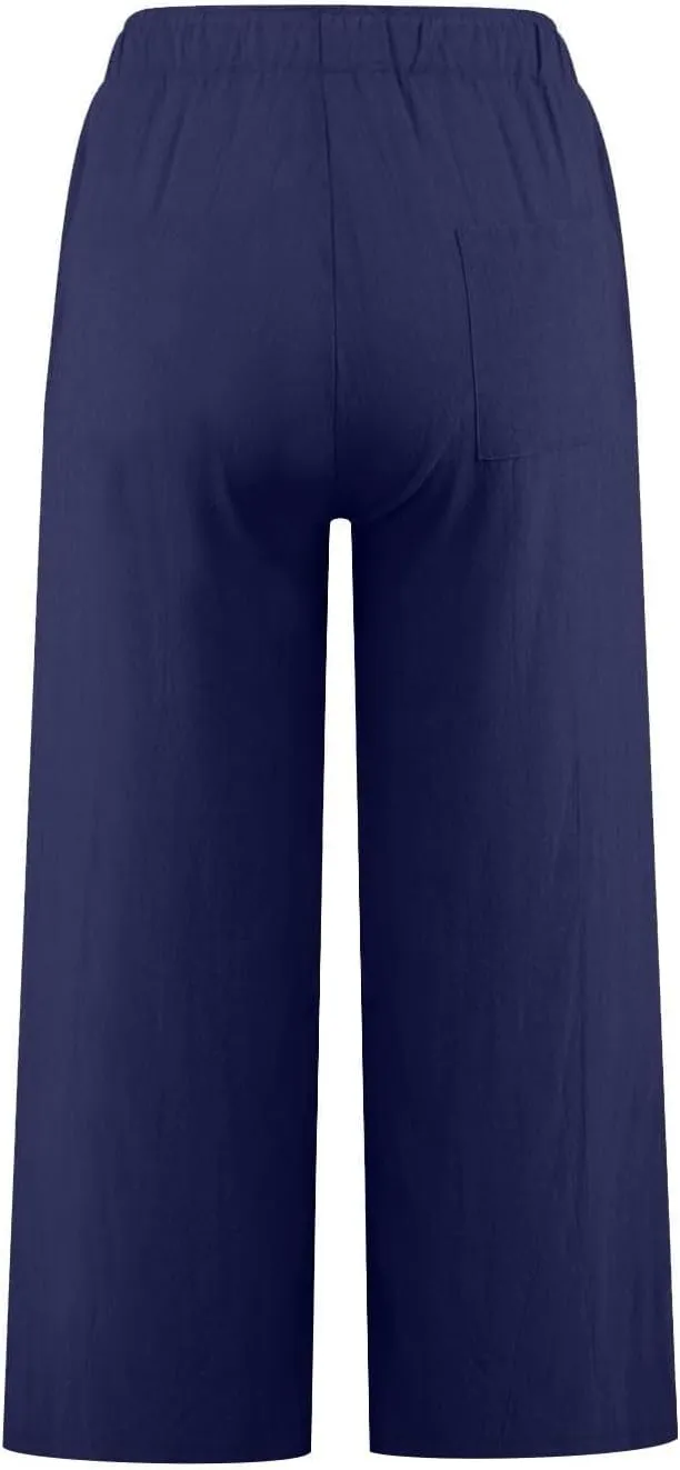 Womens Linen Capri Pants with Pockets Wide Leg Cropped Lounge Trousers Drawstring Elastic Waisted Summer Beach Pants 2025