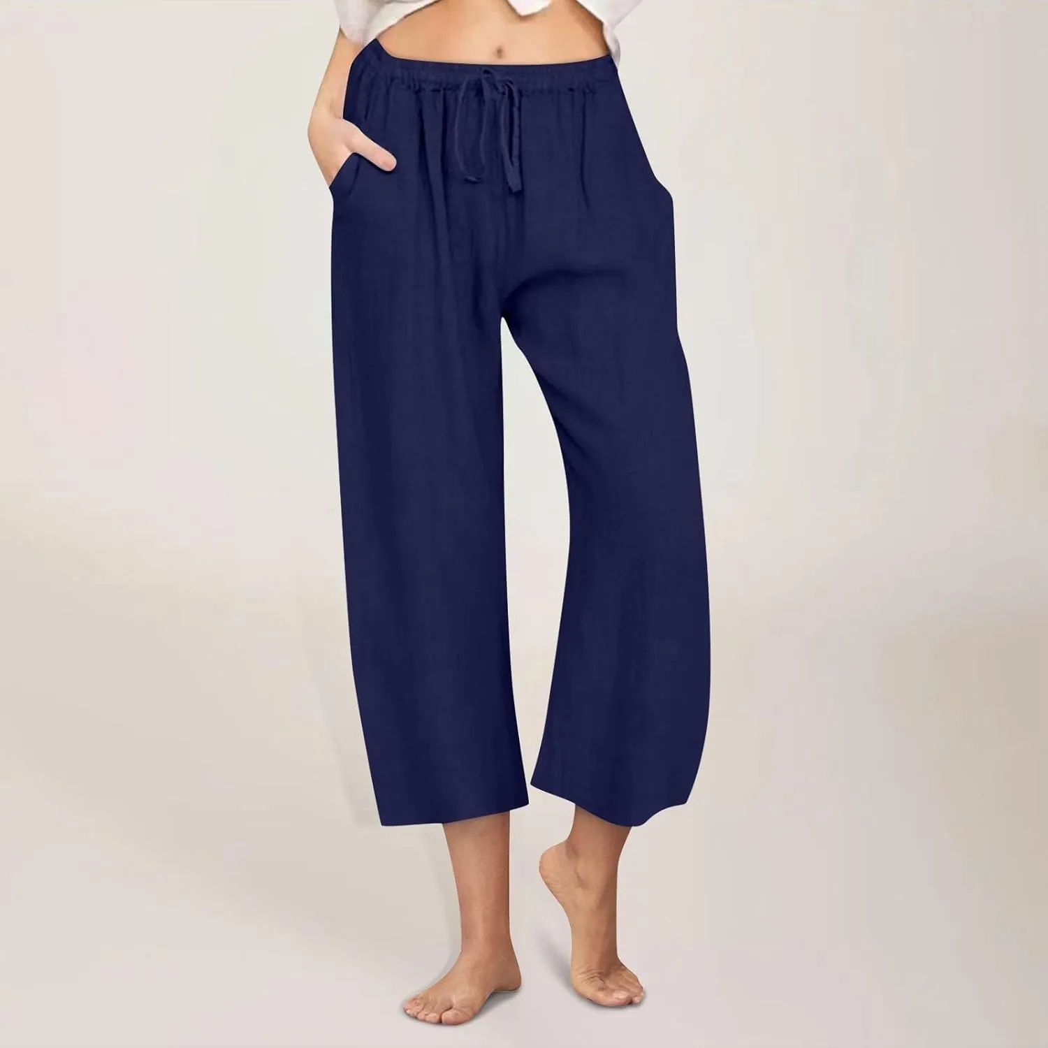 Womens Linen Capri Pants with Pockets Wide Leg Cropped Lounge Trousers Drawstring Elastic Waisted Summer Beach Pants 2025