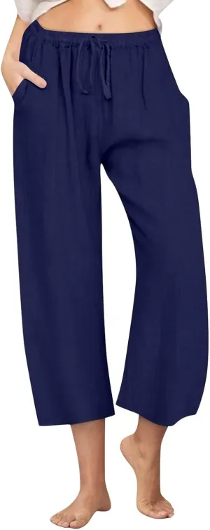 Womens Linen Capri Pants with Pockets Wide Leg Cropped Lounge Trousers Drawstring Elastic Waisted Summer Beach Pants 2025