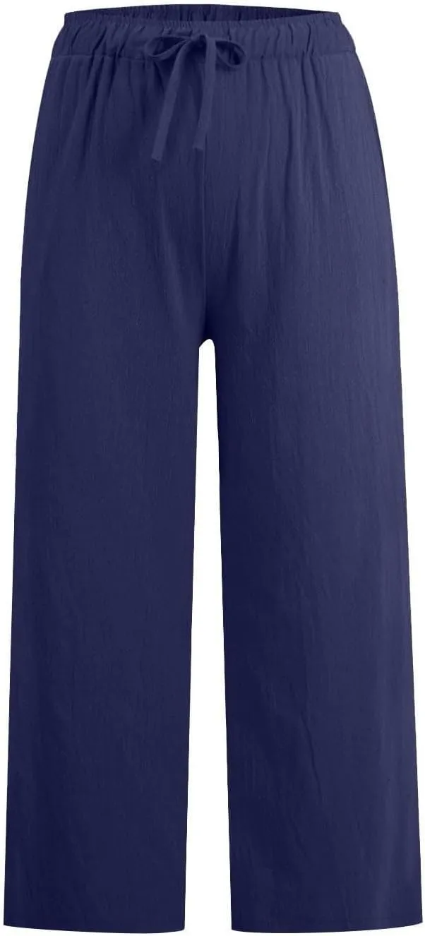 Womens Linen Capri Pants with Pockets Wide Leg Cropped Lounge Trousers Drawstring Elastic Waisted Summer Beach Pants 2025