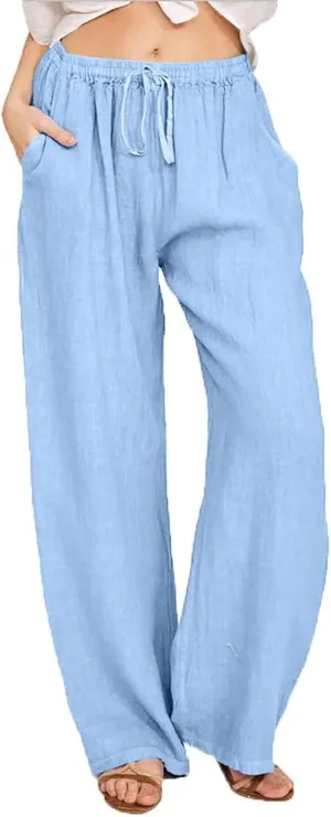 Womens Linen Pants Drawstring High Waist Casual Loose Fit Beach Pants Trendy Boho Straight Leg Trousers with Pockets