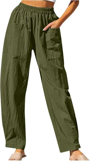 Women's Linen Pants Elastic Waist High Waisted Pants Comfy Straight Leg Trousers 2025 Trendy Summer Clothes