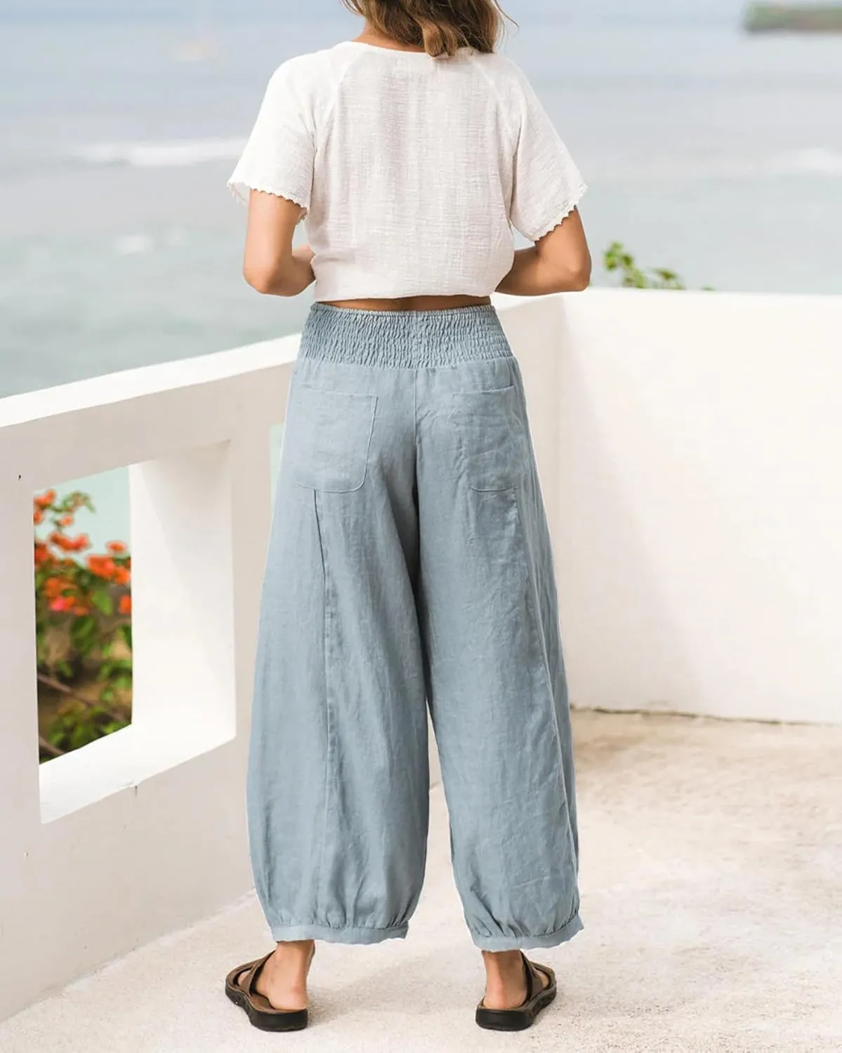 Womens Linen Wide Leg Pants Summer Beach Palazzo Harem Pants Casual Ankle Length Trouser Slacks
