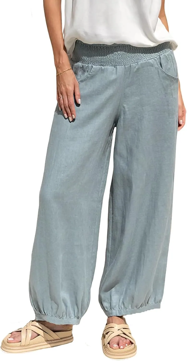 Womens Linen Wide Leg Pants Summer Beach Palazzo Harem Pants Casual Ankle Length Trouser Slacks