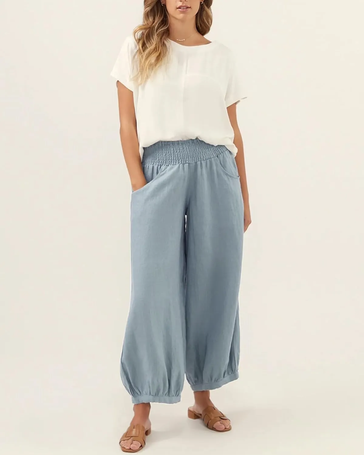 Womens Linen Wide Leg Pants Summer Beach Palazzo Harem Pants Casual Ankle Length Trouser Slacks