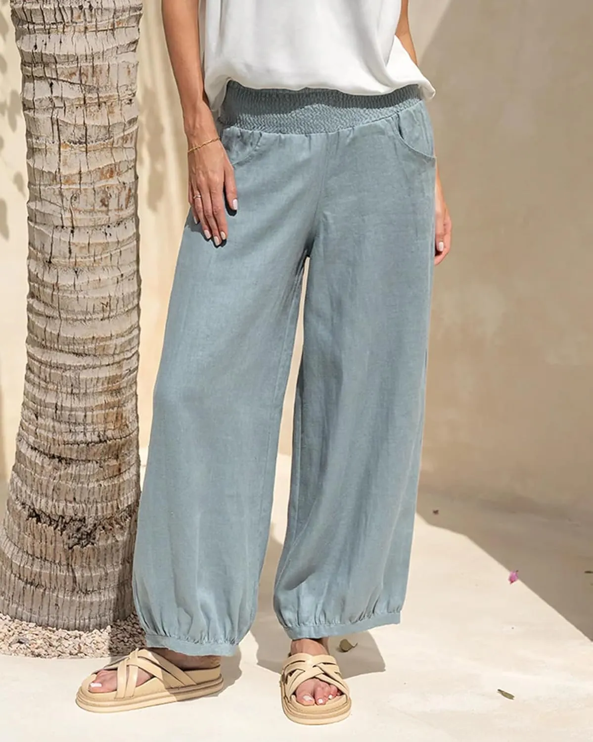 Womens Linen Wide Leg Pants Summer Beach Palazzo Harem Pants Casual Ankle Length Trouser Slacks
