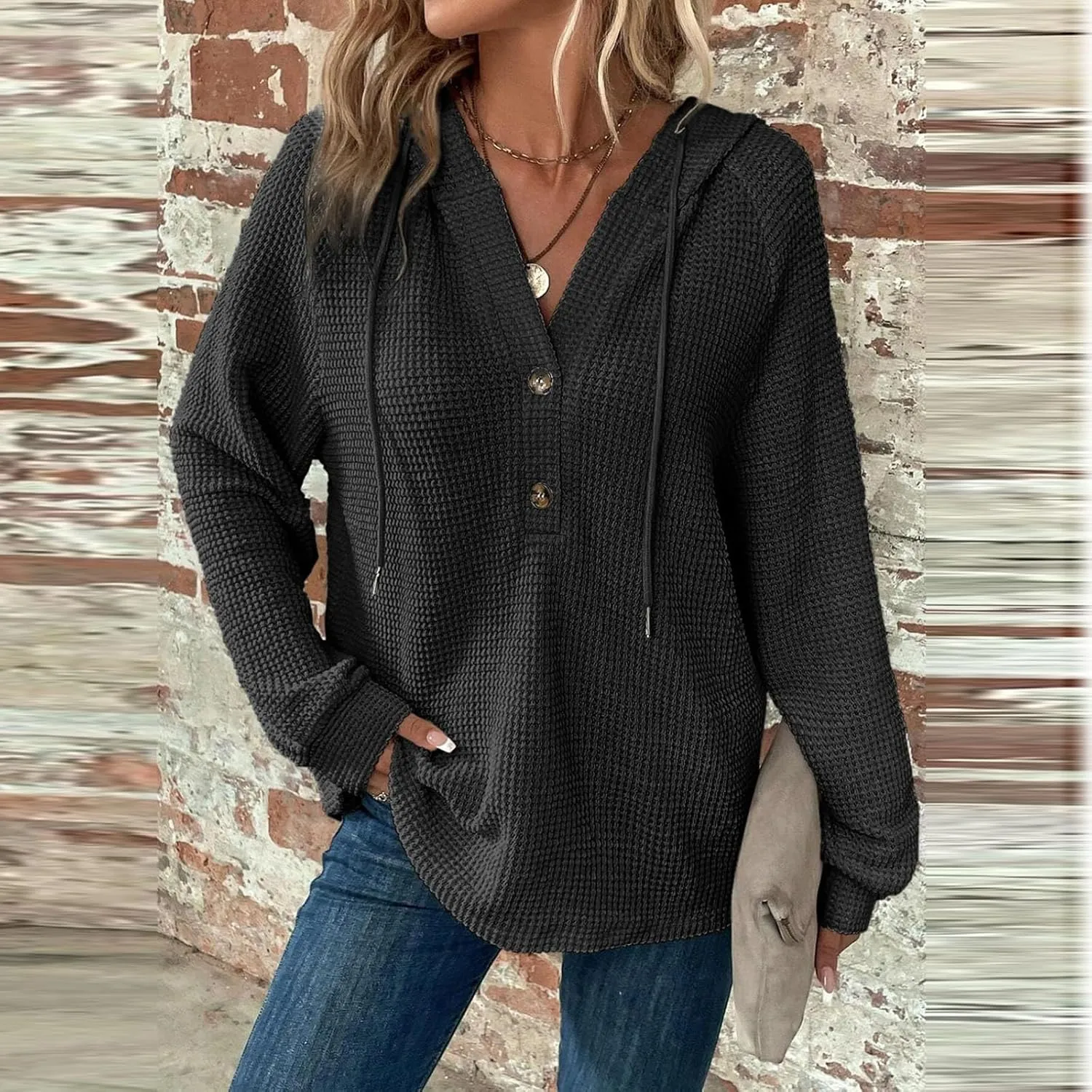Womens Long Sleeve Hoodies 2024 Drawstring Sweatshirt Loose Button Comfy V-Neck Top Dressy Daily Clothes